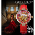 Forsining 188 Golden Skeleton Diamond Watch Design Rotes Echtes Lederband Wasserdichte Mechanische Damenuhren